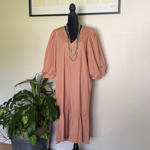 A New Day Long Puff Sleeve V-Neck Midi Dress Ruffle Hem Pockets - Picture 7 of 12